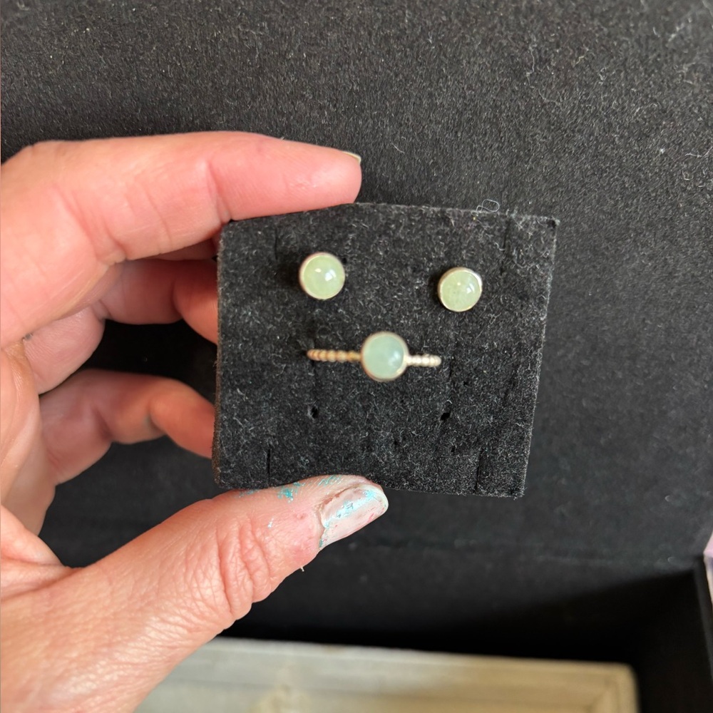 Sterling silver light green Amazonite stacking ring and earring set